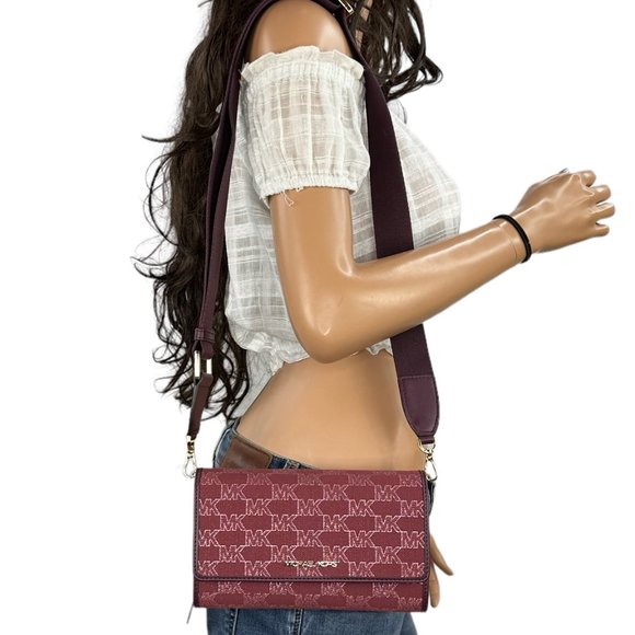 Michael Kors Jet Set Zip Around Wallet Crossbody Bag MK Glitter Gold Mulberry - Picture 2 of 15